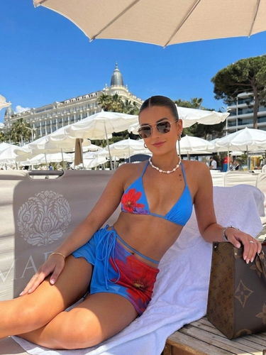 Floral Blue Triangle Bikini Set with Wrap Skirt