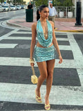 Blue Sequin Halter Mini Skirt Set