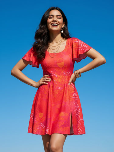 Sangria modest swimdress with sleeves in red floral print – women’s swimwear