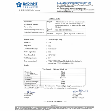 Radiant Research Services test report for a cosmetic product