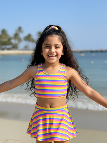 Girls Stripes Tankini Skirt Swimset
