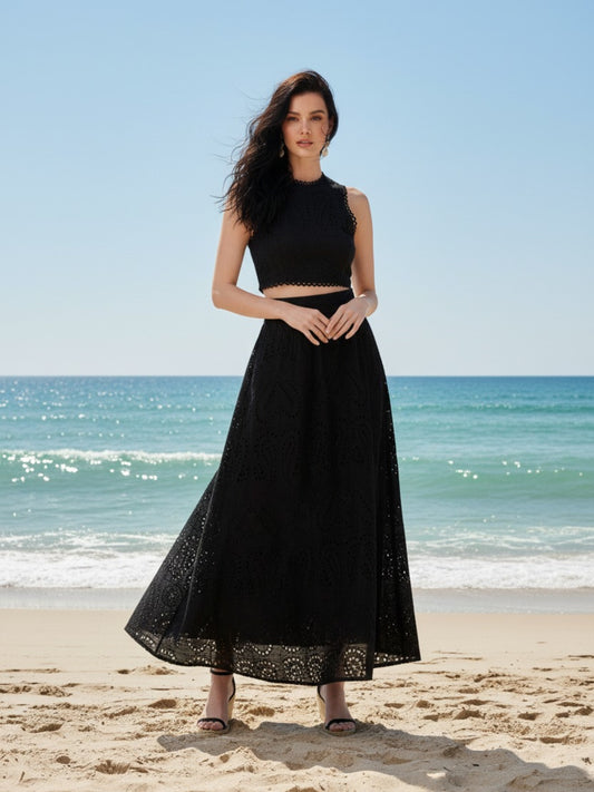 Vera Black Crop Top and Maxi Skirt Set