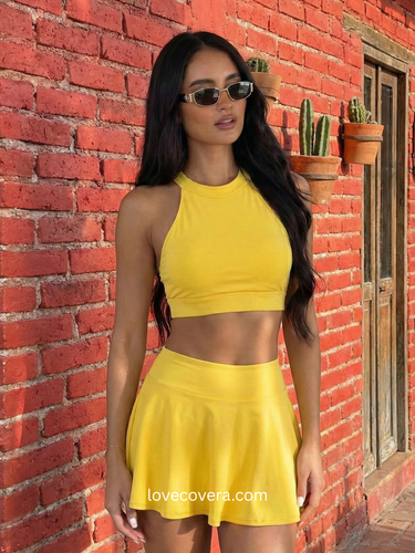 Yellow Modest Halter Swim Skirt Set
