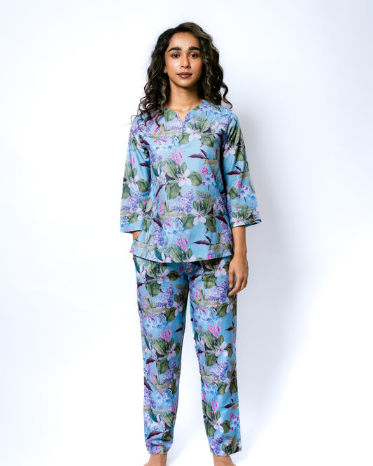 Floral Bloom - Blue Printed Pajama Set