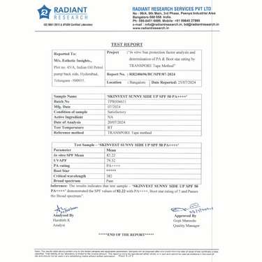 Radiant Research Services test report for a sun protection factor analysis of a skincare product.