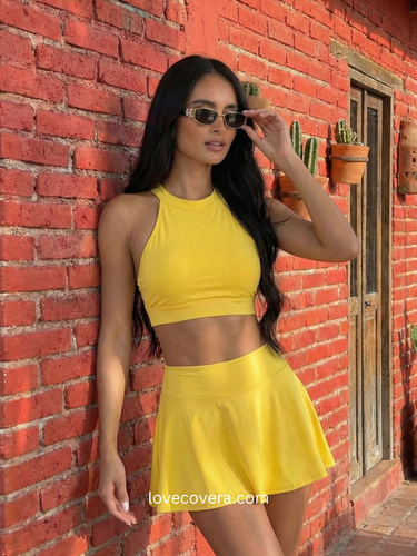 Yellow Modest Halter Swim Skirt Set