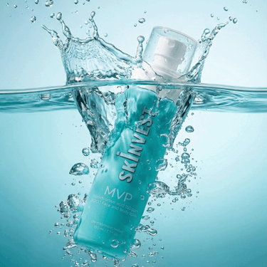 Skincare bottle labeled 'SKINVEST MVP' splashing in water with a blue gradient background