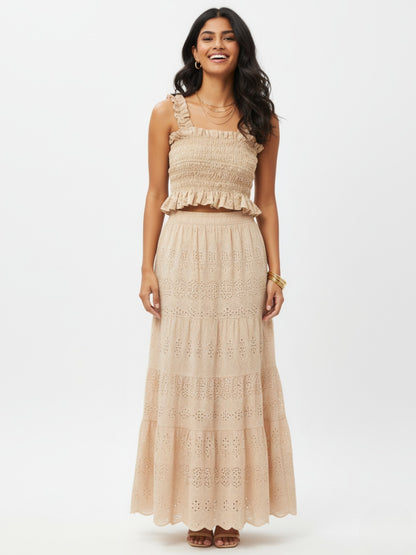 Hakoba Embroidered Beige Ruched Skirt and Top Set