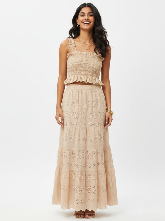 Hakoba Embroidered Beige Ruched Skirt and Top Set