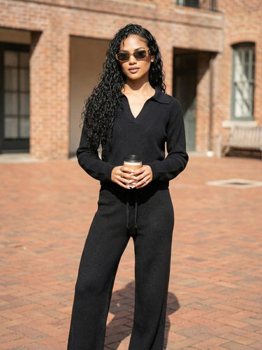 Ribbed Knitwear Black Crop Top and Pants