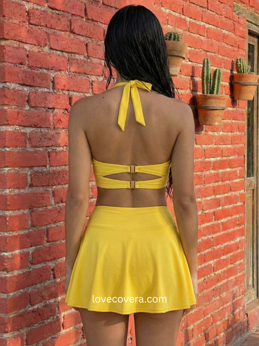 Yellow Modest Halter Swim Skirt Set
