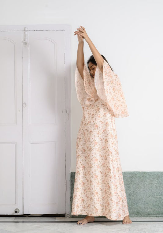 Blush Bloom – Satin Nighty with Umbrella Sleeves