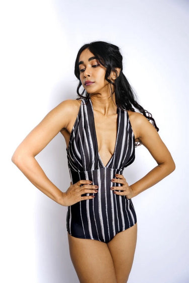 Black Striped – Halter Swimsuit & Skirt