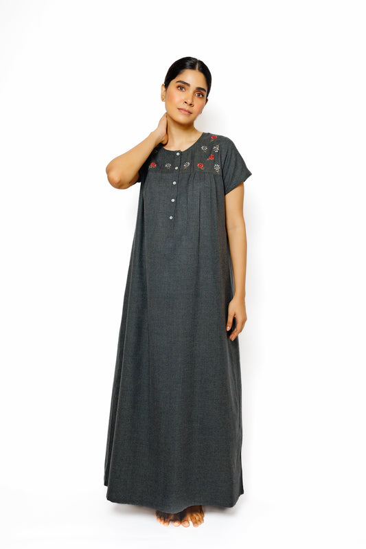 Cotton Spun Nighty with Hand Embroidered Yoke Detail