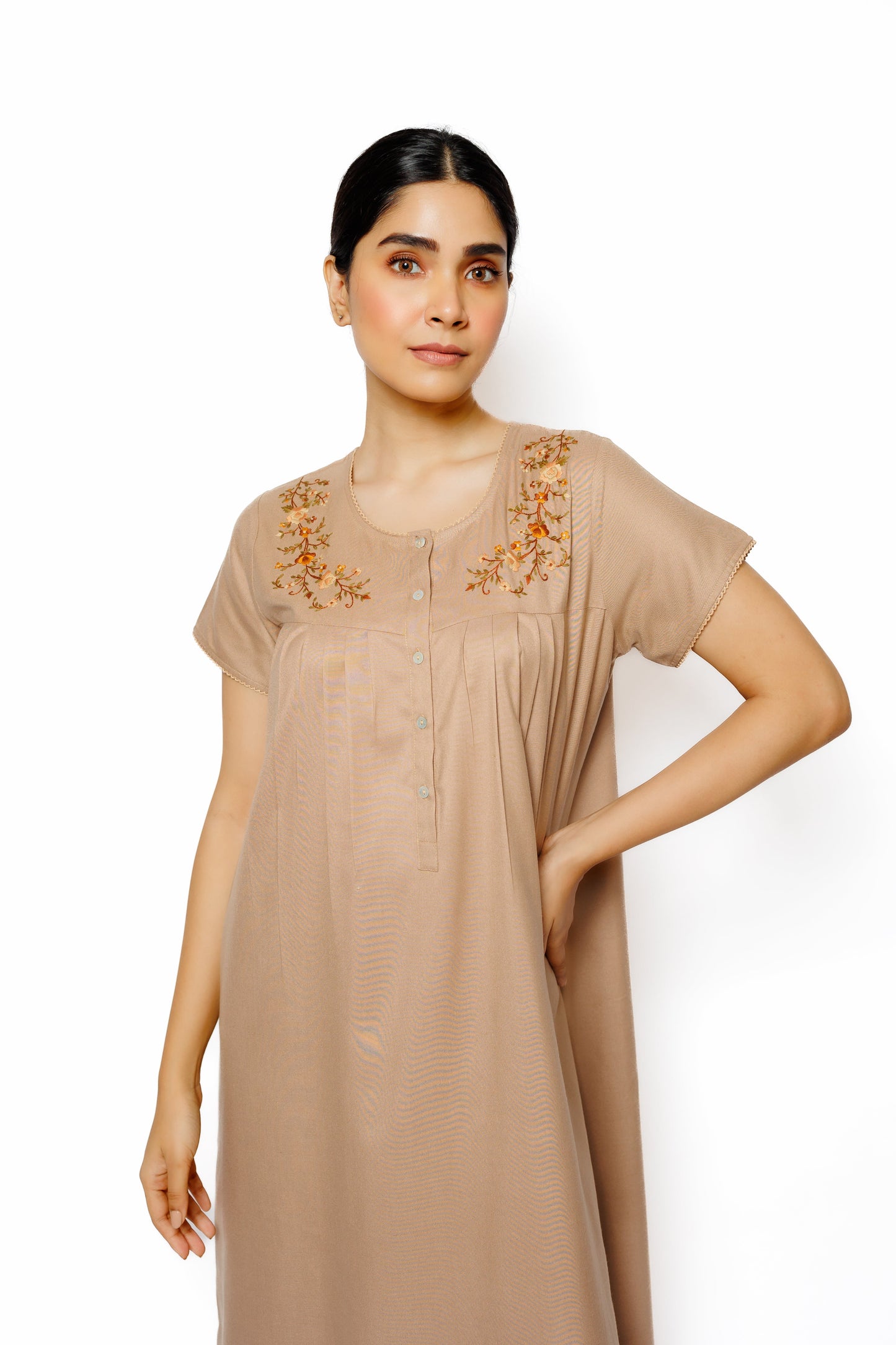 Cotton Spun Nighty with Hand Embroidered Yoke Detail