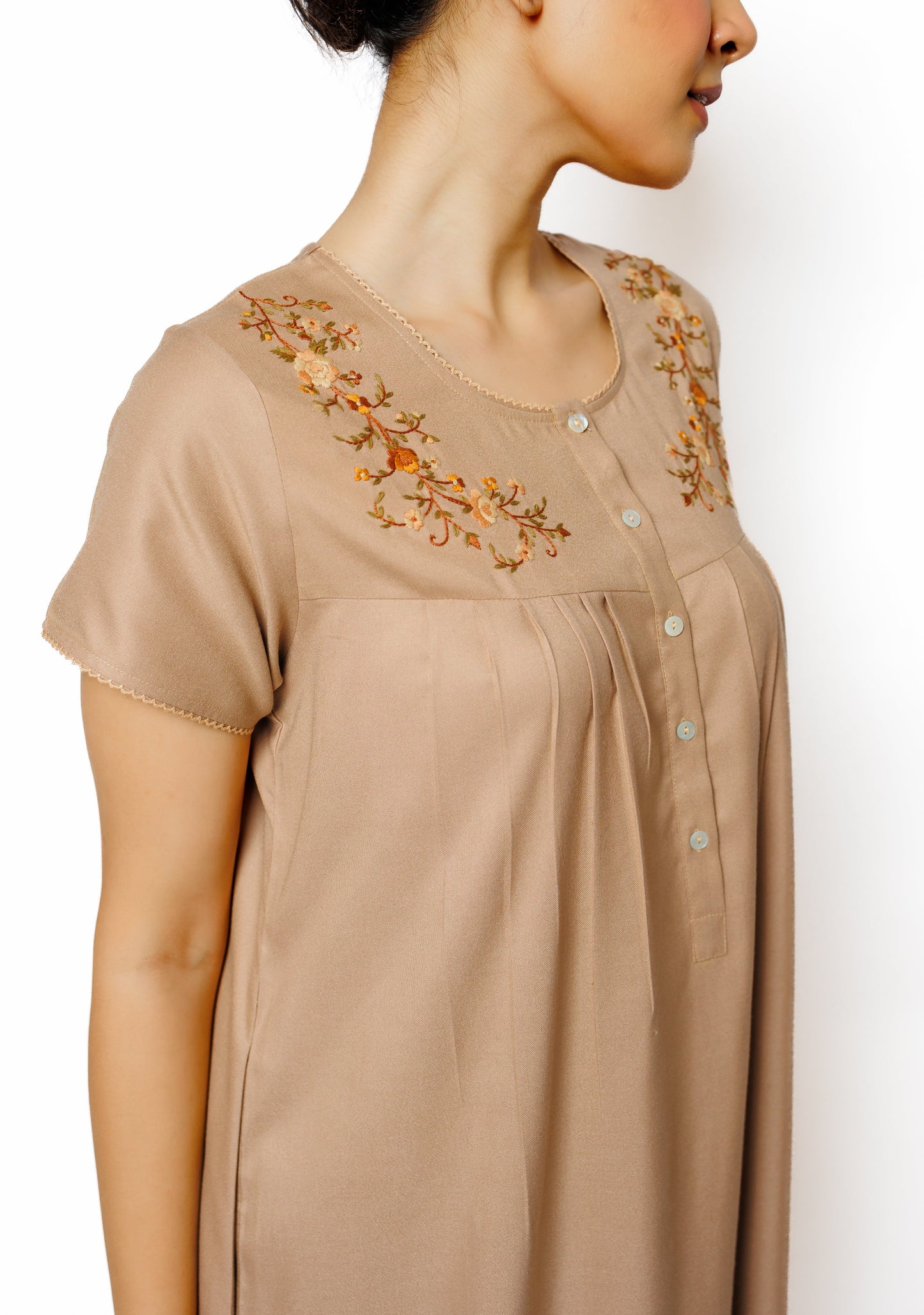 Cotton Spun Nighty with Hand Embroidered Yoke Detail