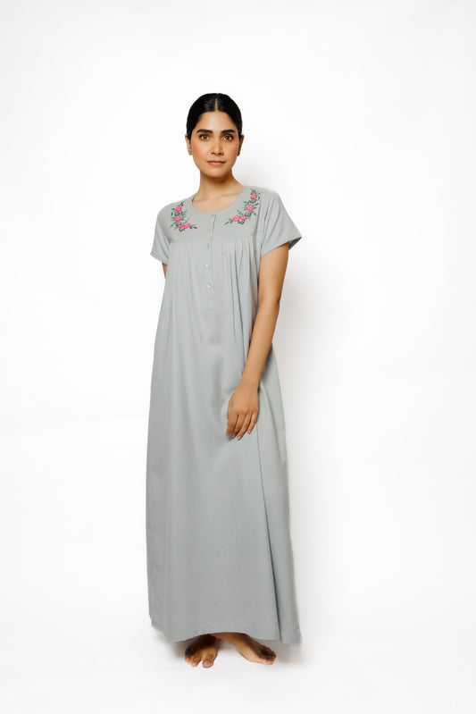 Elegant Cotton Spun Nighty with Hand Embroidered Yoke Detail