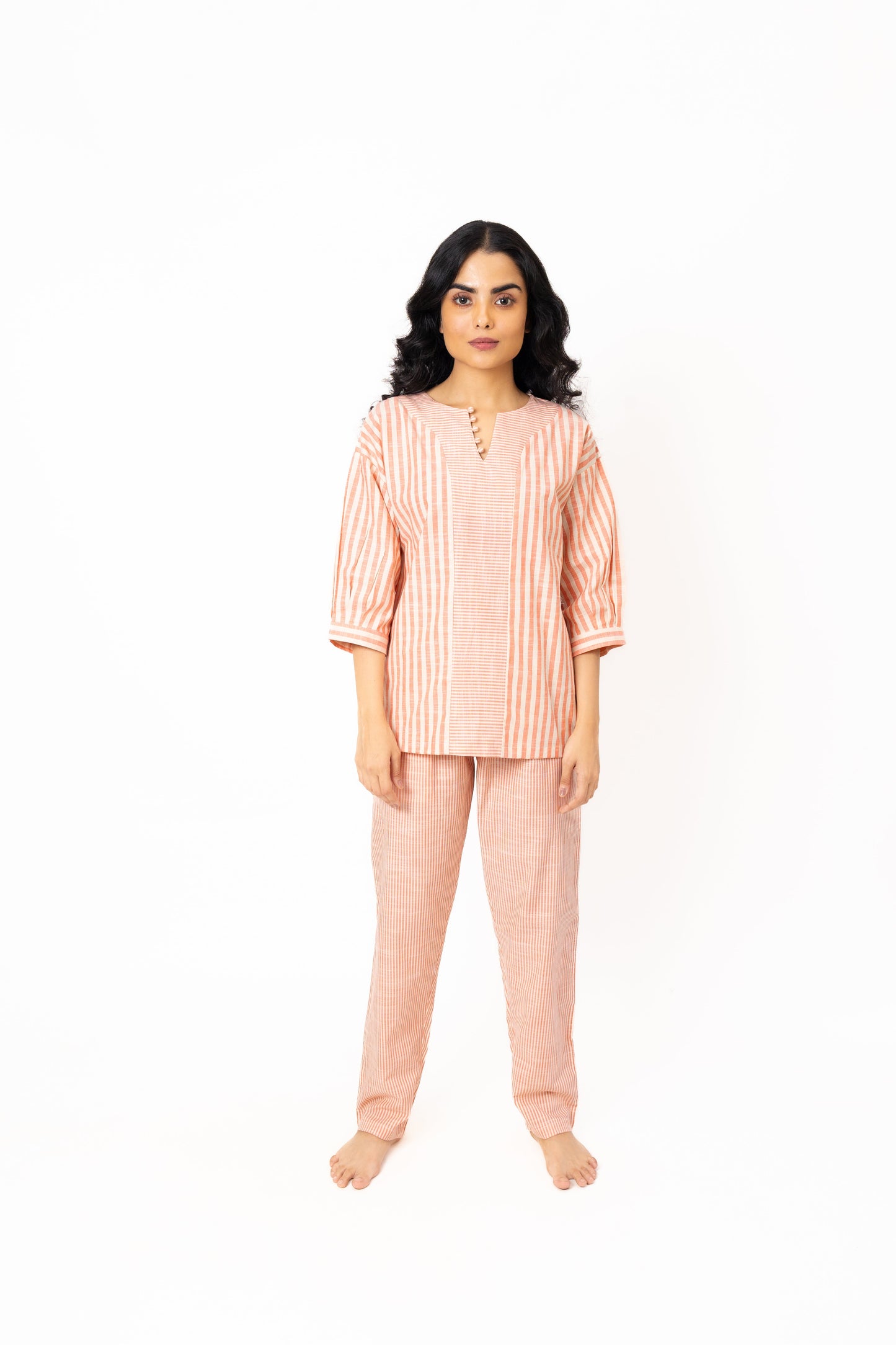 Cotton Night Suit with Striped Print and Neckline Details