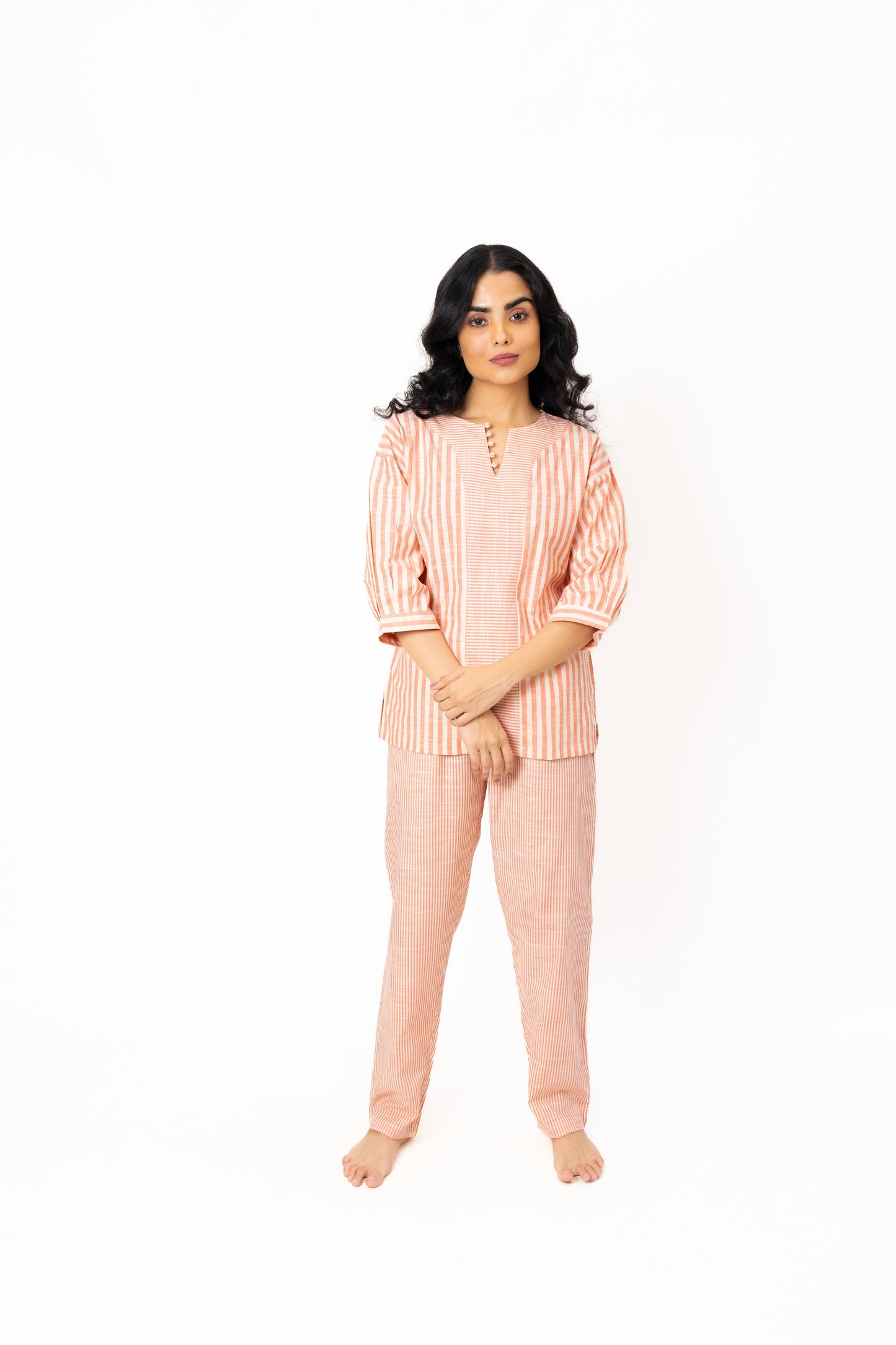 Cotton Night Suit with Striped Print and Neckline Details