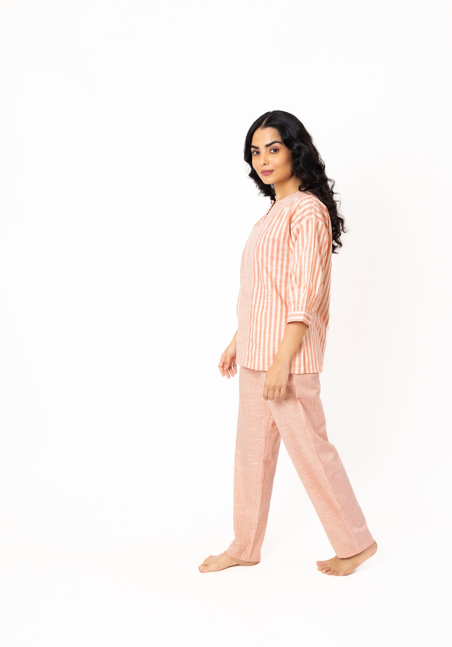 Cotton Night Suit with Striped Print and Neckline Details