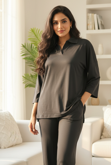 Noir Luxe PU Hosiery Everyday Lounge Set