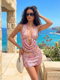 Pink Sequins Halter Mini Skirt Set