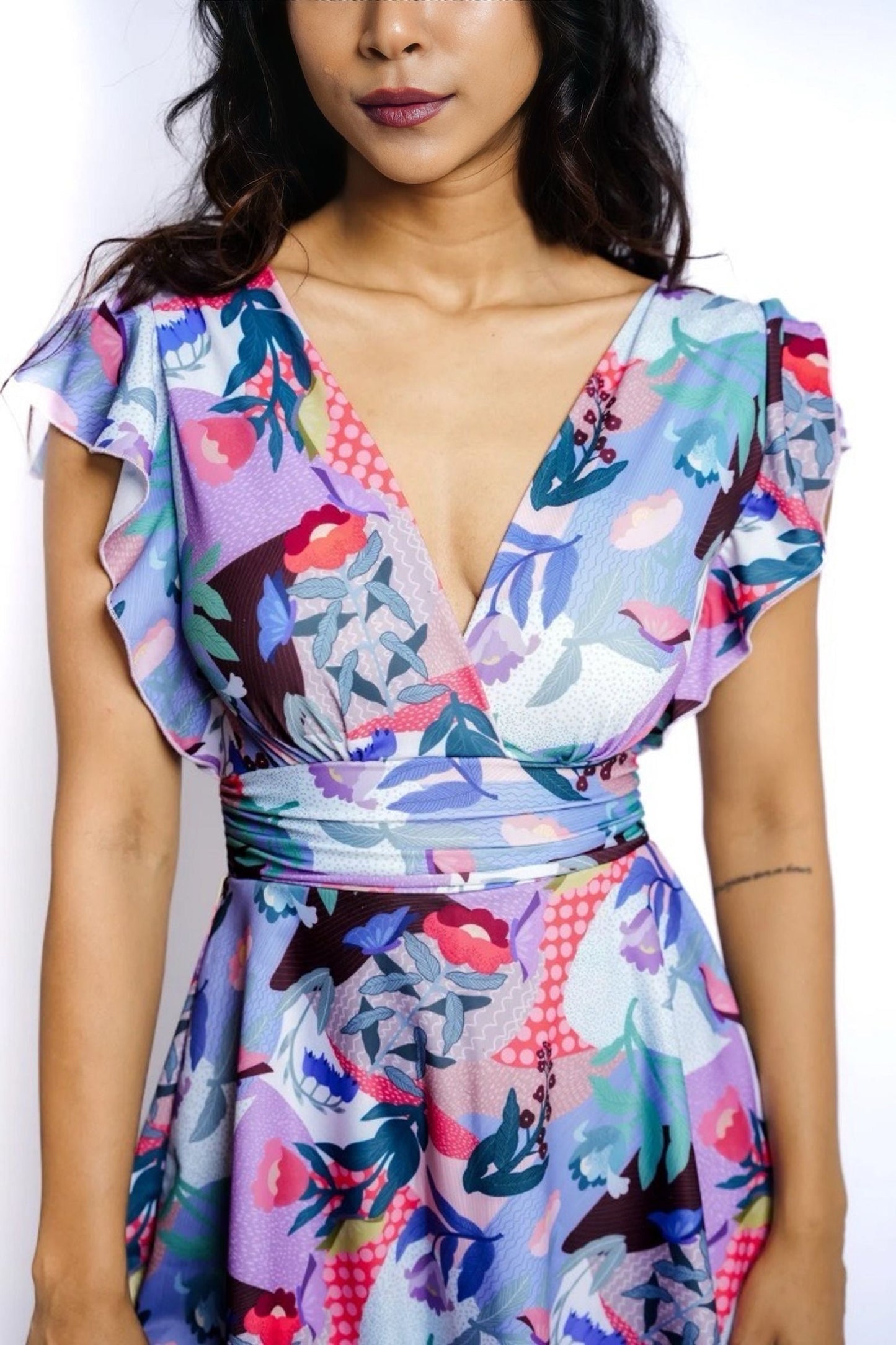 Printed Frock-Style Swim Suit with Wrap Top and Frill Sleeves