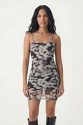 Blurry Floral Print Black & White Mesh Dress