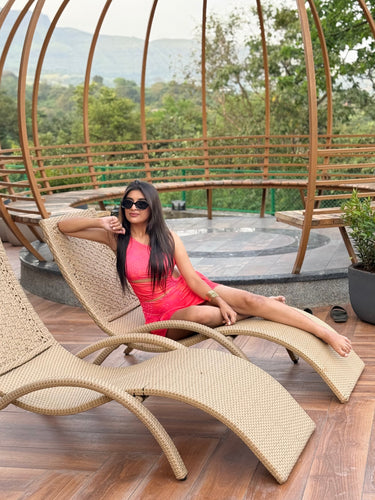 Sangria print one shoulder swimdress poolside view – women’s swimwear