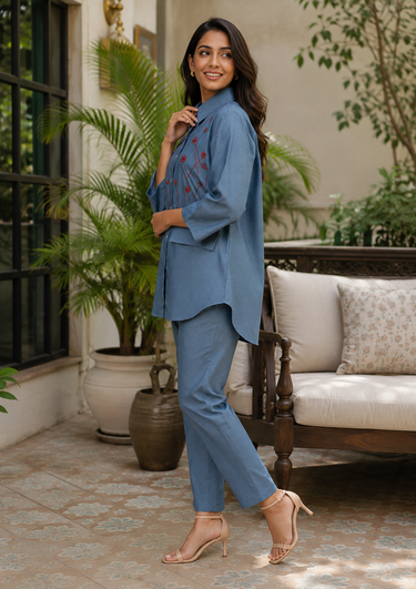 Denim Blue-Embroidered Co-ord Set