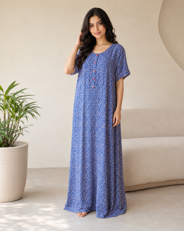 Indigo Dot – Embroidered Button Rayon Nighty