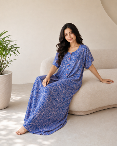 Indigo Dot – Embroidered Button Rayon Nighty