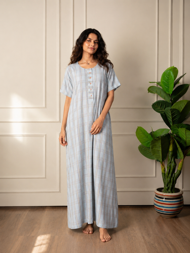 Morning Mist - Cotton Nighty Hand Embroidered Button Detail