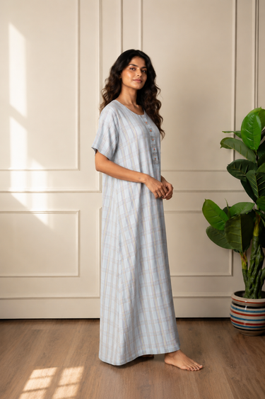 Morning Mist - Cotton Nighty Hand Embroidered Button Detail
