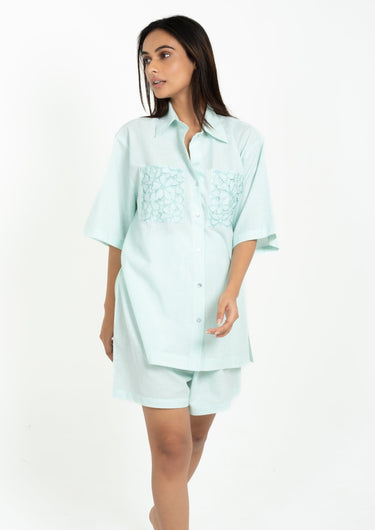 Mint Breeze-Shorts Set with Embroidered Pockets