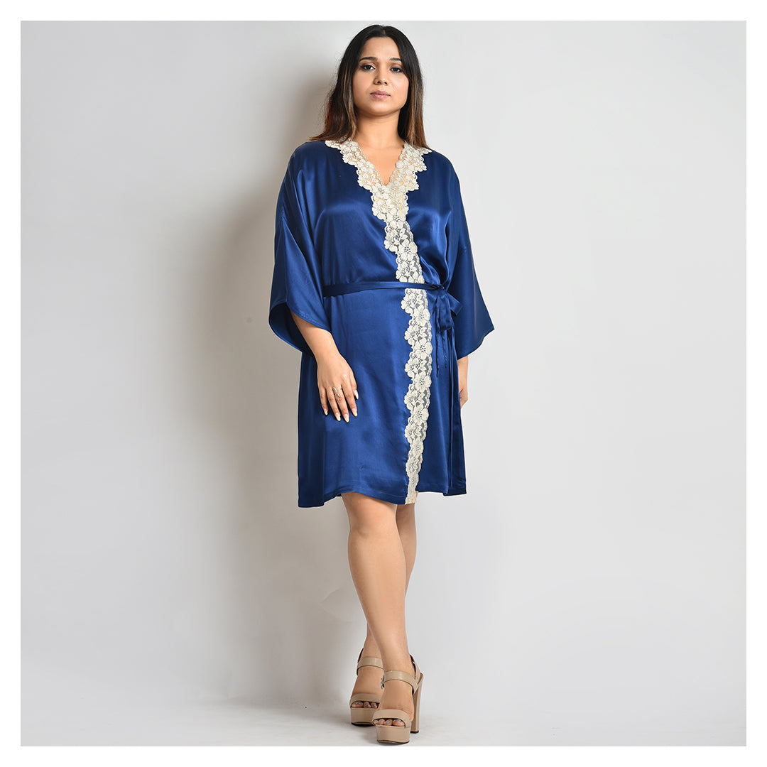 Luxurious Midnight Blue Silk Short Robes for Women