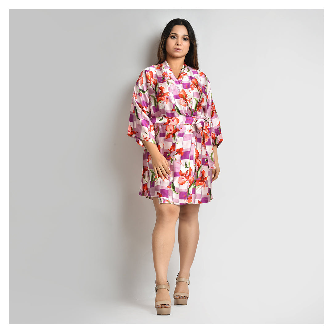 Stylish Light Purple Silk Robe with Printed Design for Women