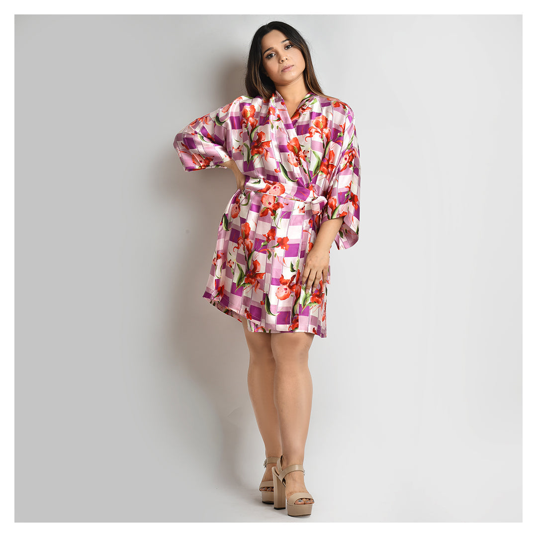 Stylish Light Purple Silk Robe with Printed Design for Women