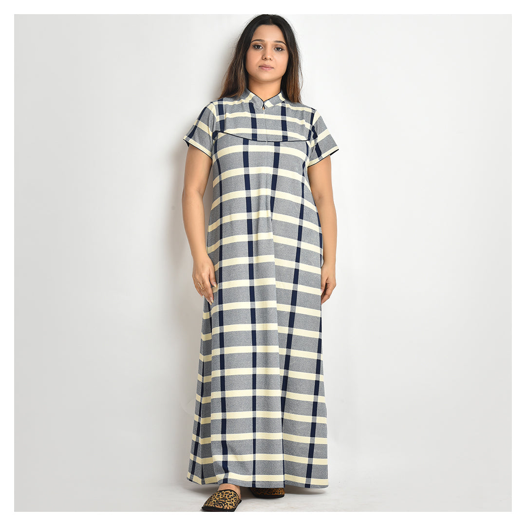 Women Off White And Navy Blue Check Style Jersey Nighty