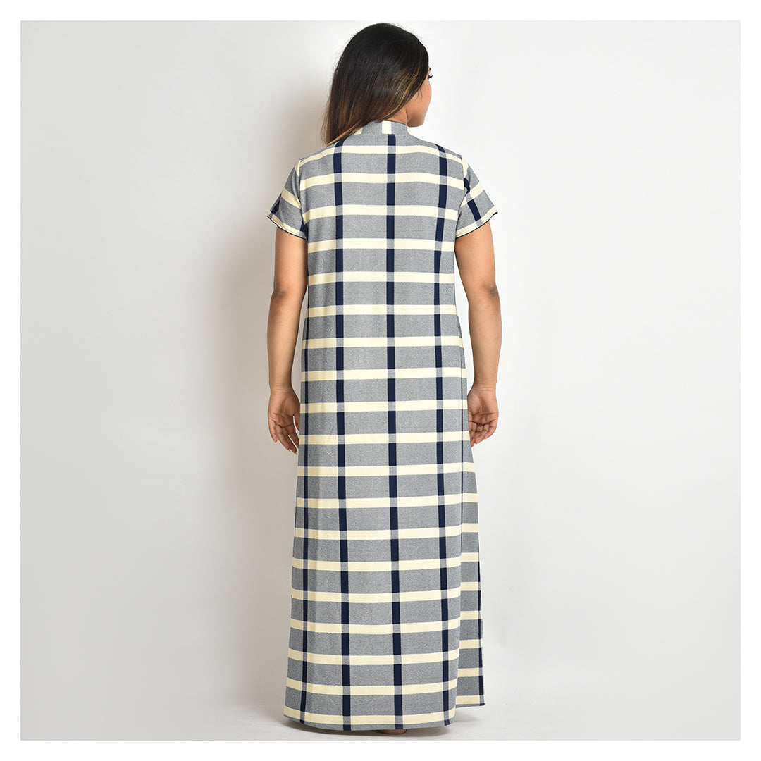 Women Off White And Navy Blue Check Style Jersey Nighty