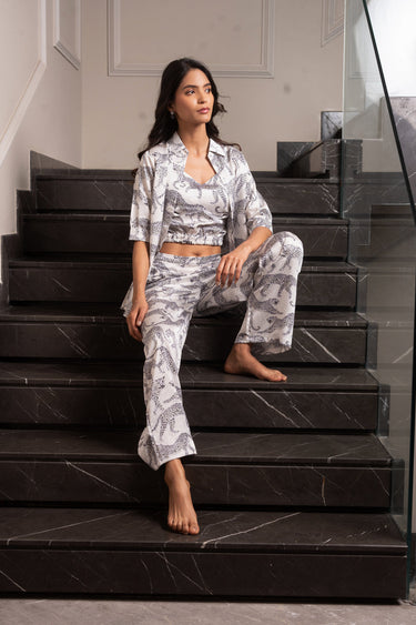 White Leopard 3 Piece Satin Set