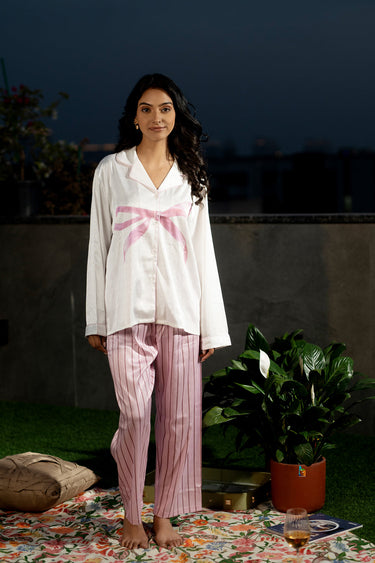 Bow Design Satin Night Suit Set