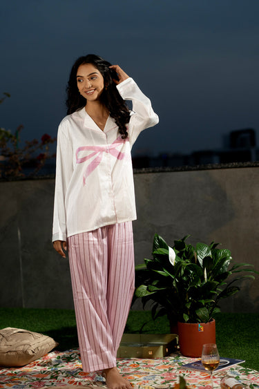 Bow Design Satin Night Suit Set