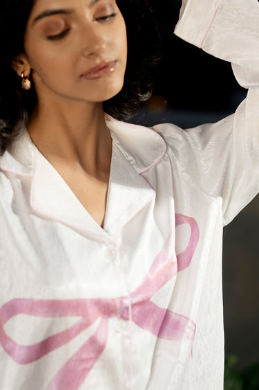 Bow Design Satin Night Suit Set