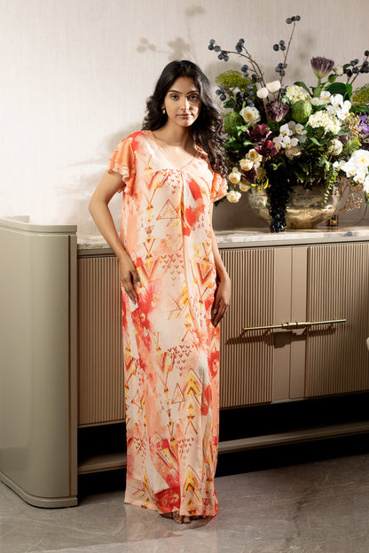 Orange Printed Double Chiffon Nighty