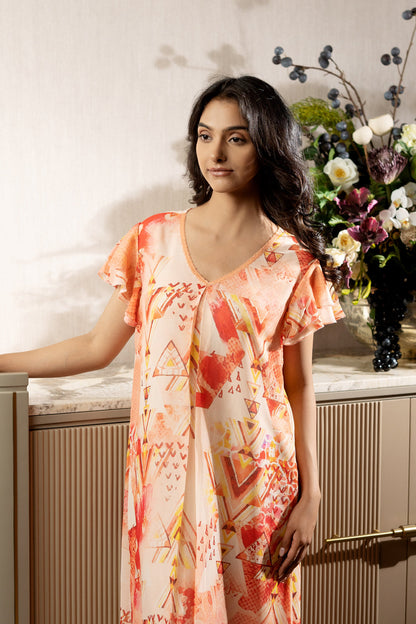 Orange Printed Double Chiffon Nighty