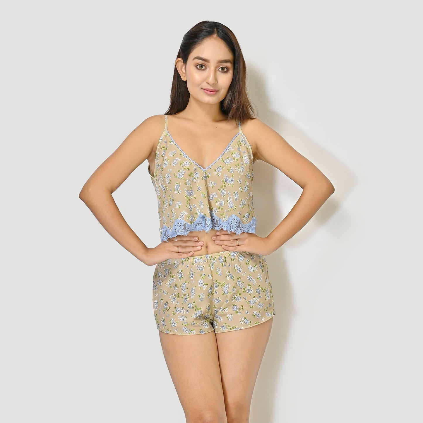 Stylish Beige Georgette Spaghetti & Shorts Set with Feminine Prints for Women