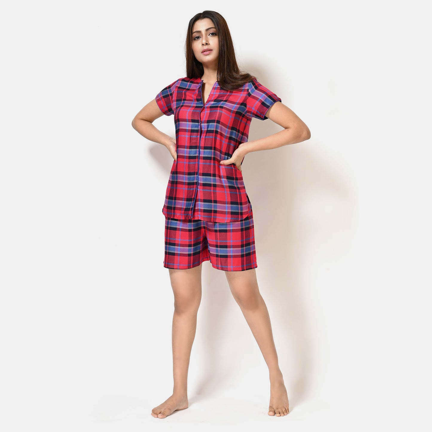 Women Red And Blue Checks Top and Short Cotton Rayon Nightwear Set