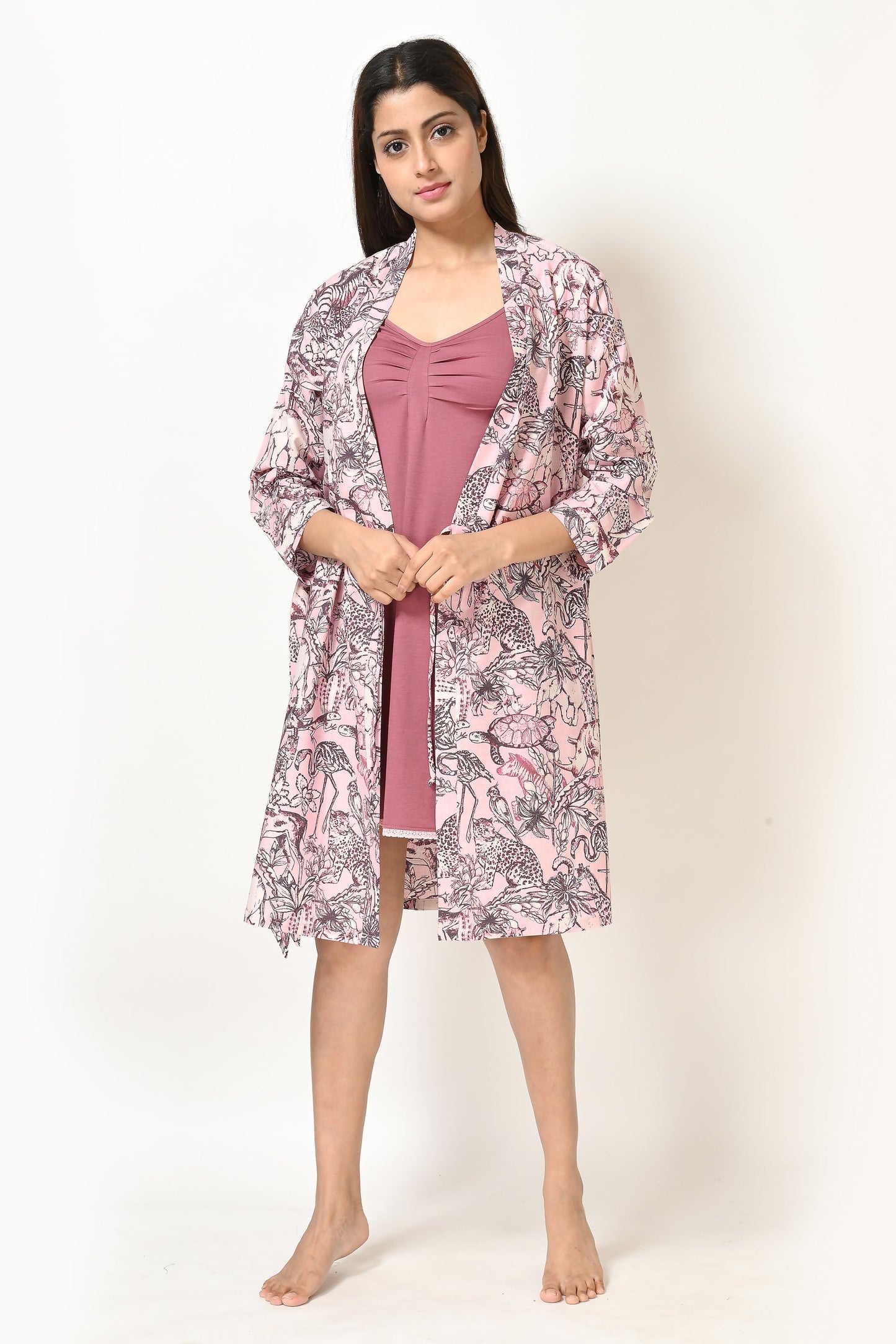 Women Old Rose Pink Jungle Printed Cotton Short Gown and Jersey Spaghetti Nightwear Set