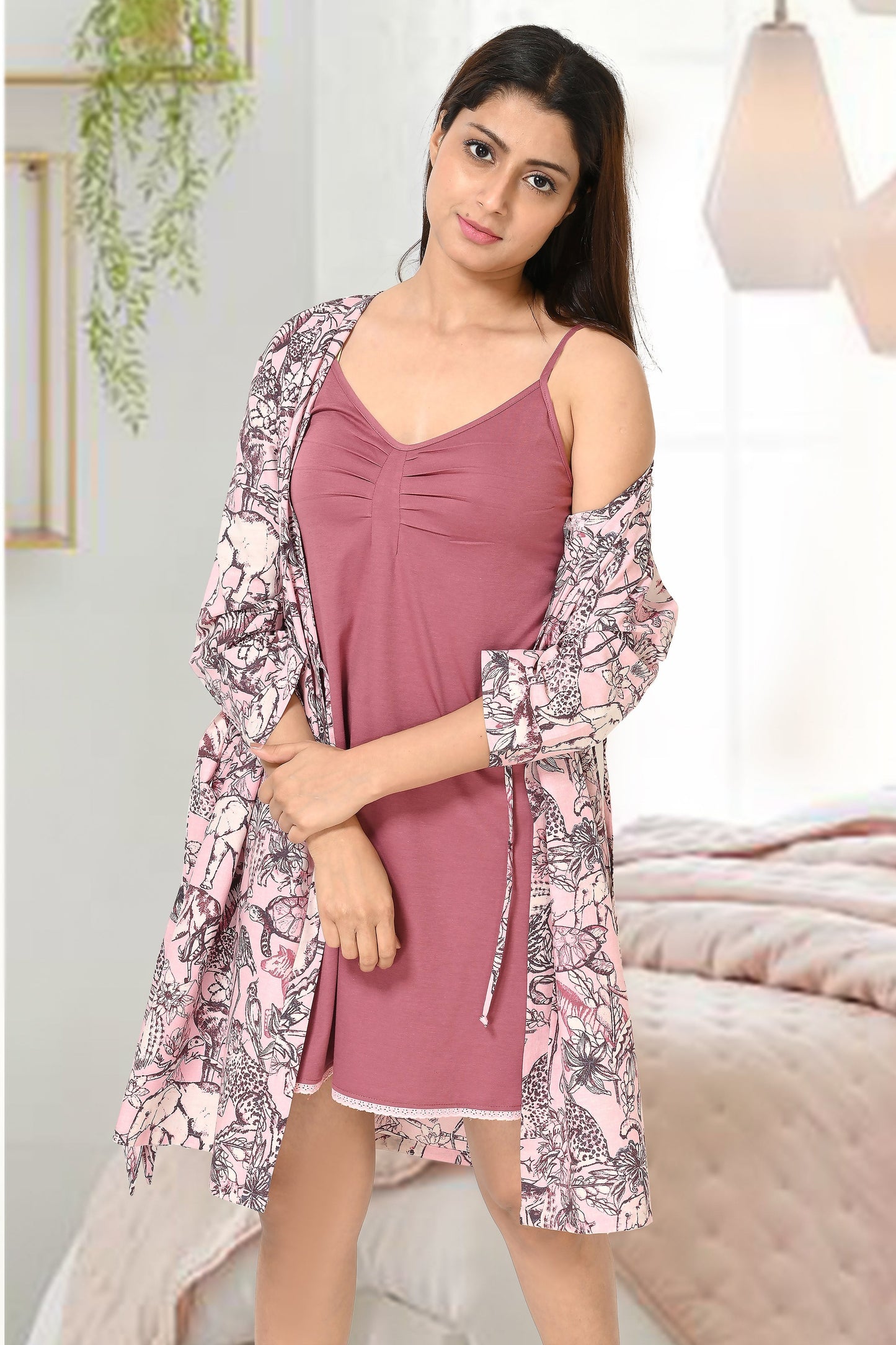 Women Old Rose Pink Jungle Printed Cotton Short Gown and Jersey Spaghetti Nightwear Set